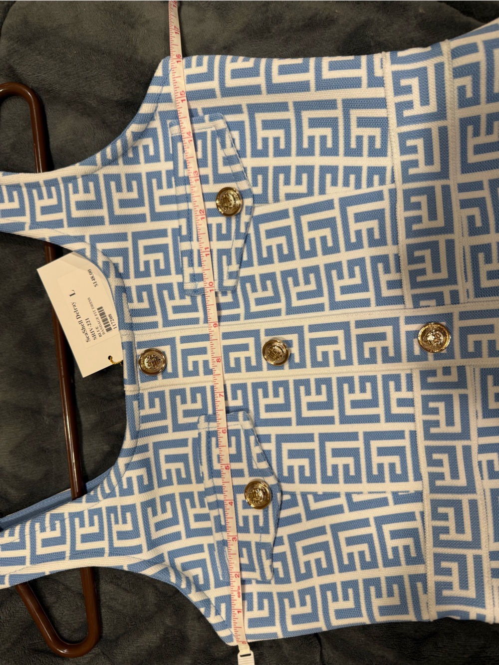 Blue Geometric Knit Dress with Gold Buttons - Picture 5 of 6